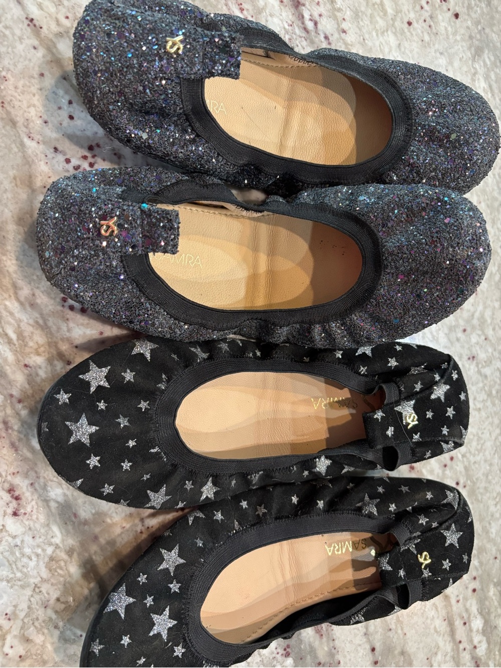 2 pairs - Yosi Samra Black star Ballet Flats and navy glitter